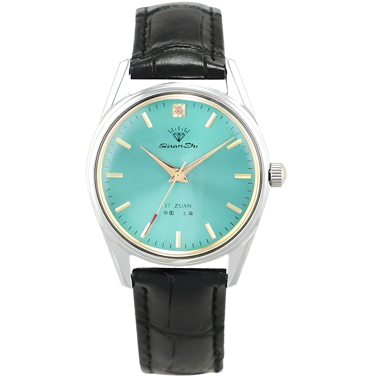 Men's green dial quartz watch with alloy case showing strap options