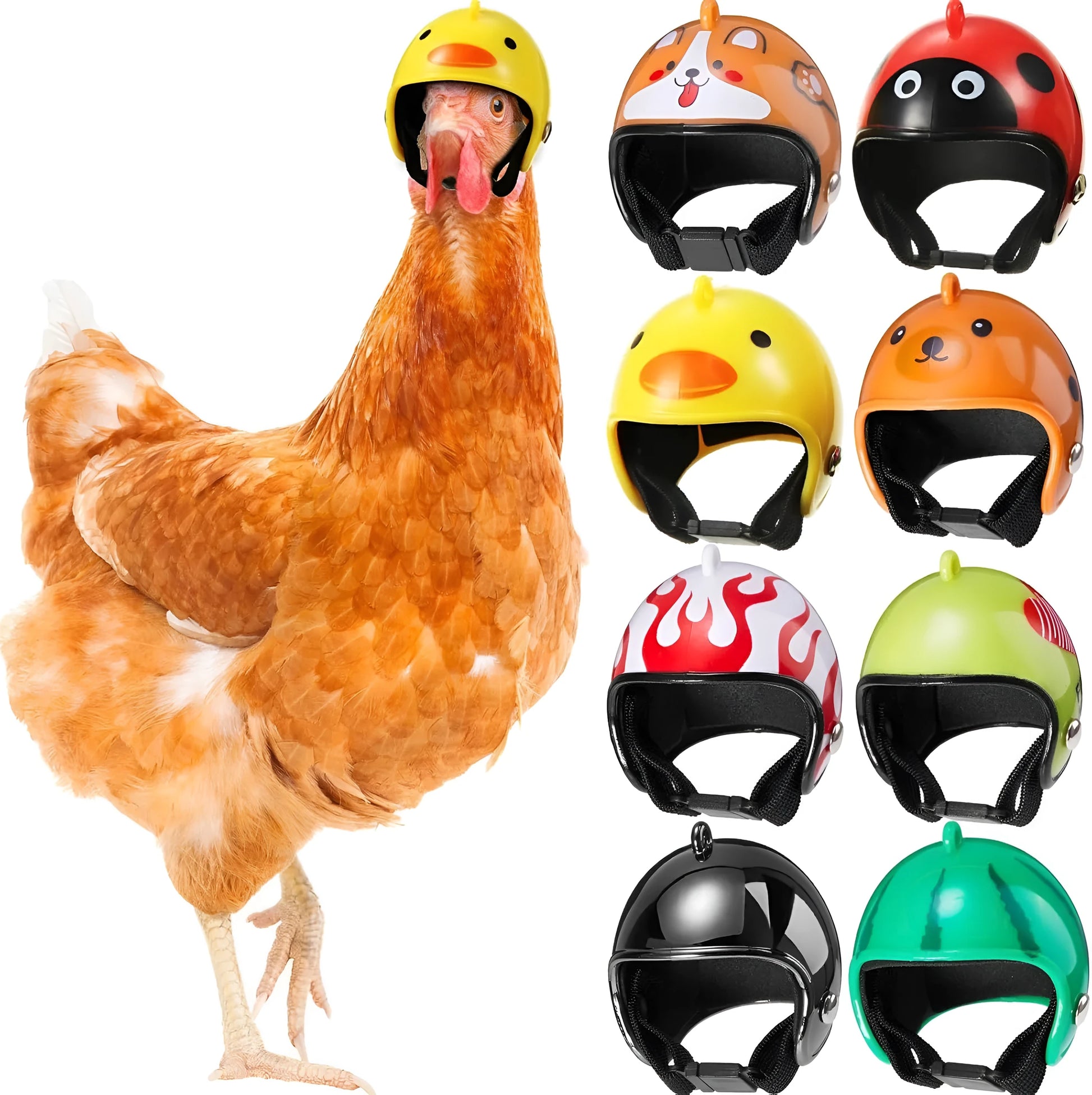 Small adjustable pet helmet for chickens and birds with sponge lining in various costume designs