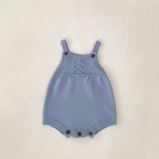 Girls' knitted cotton romper in triangle jumpsuit design showing mineral brown and heather blue colour options