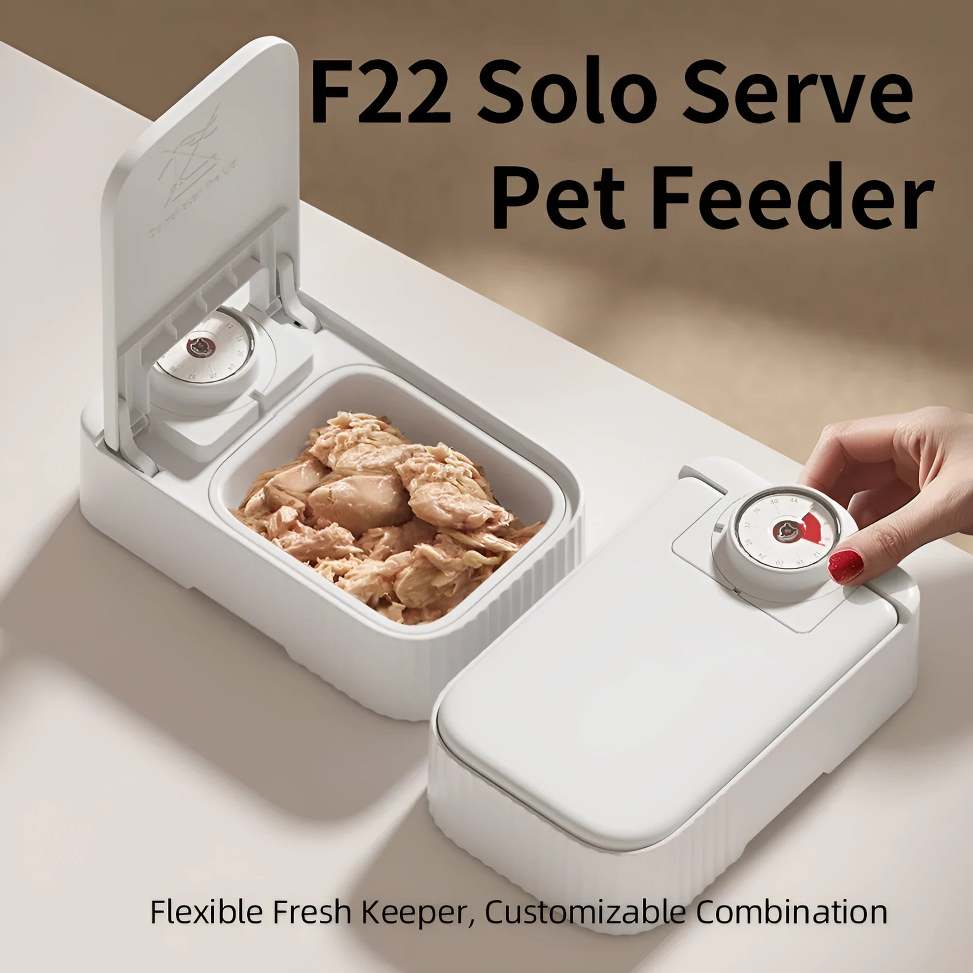 White programmable pet single meal feeder with timer display, ice crystal box, and modular splash-proof design.