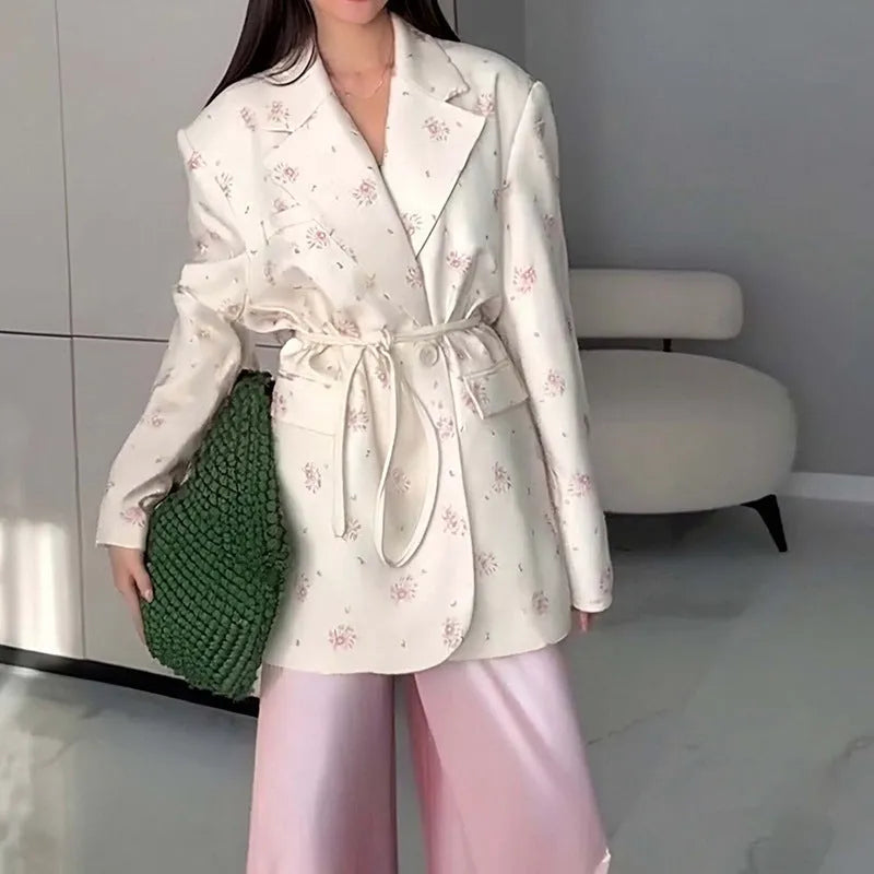 Collar lace-up waist-tight suit jacket in floral print with adjustable waist design and long sleeves