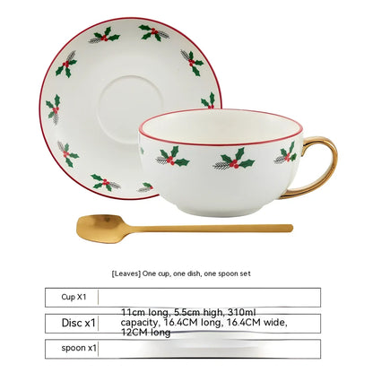 Christmas ceramic cup and saucer set with spoon featuring festive patterns and porcelain construction