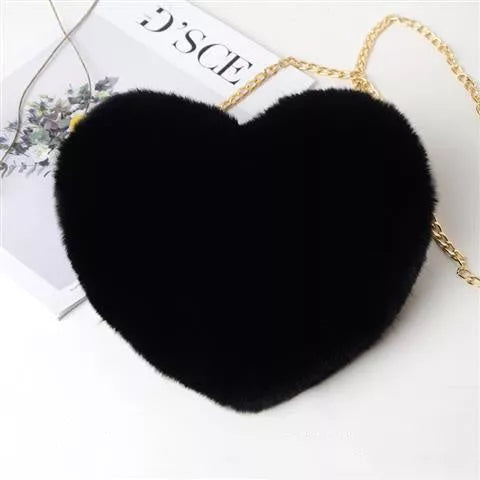 Women's plush chain shoulder bag with heart shape design in various colors