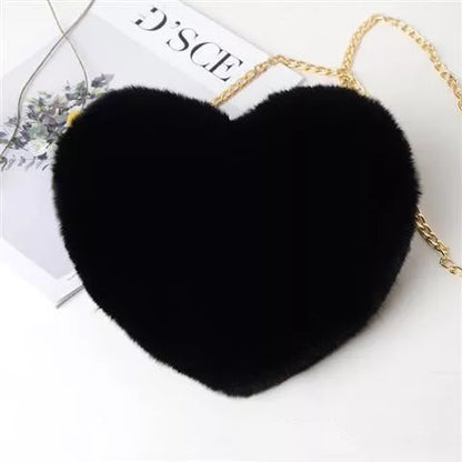 Women's plush chain shoulder bag with heart shape design in various colors