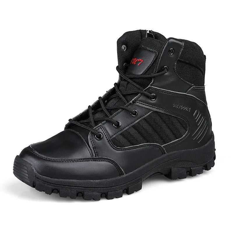 Men's black and camouflage high-top hiking shoes with PU upper and metal eyelets on a rocky outdoor path.