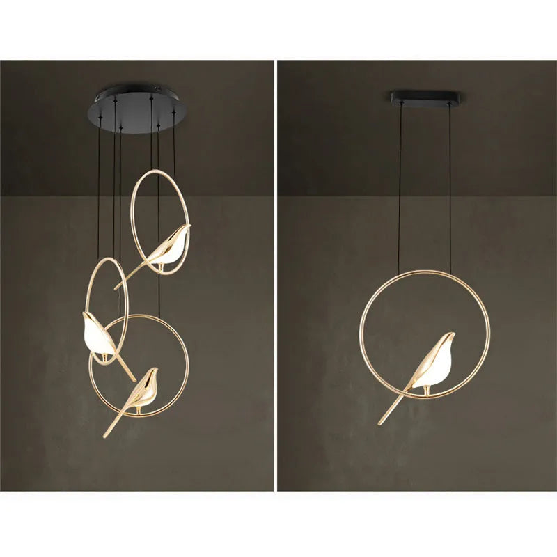Modern minimalist magpie bird chandelier with zinc alloy and acrylic construction, 35cm length, 150cm height