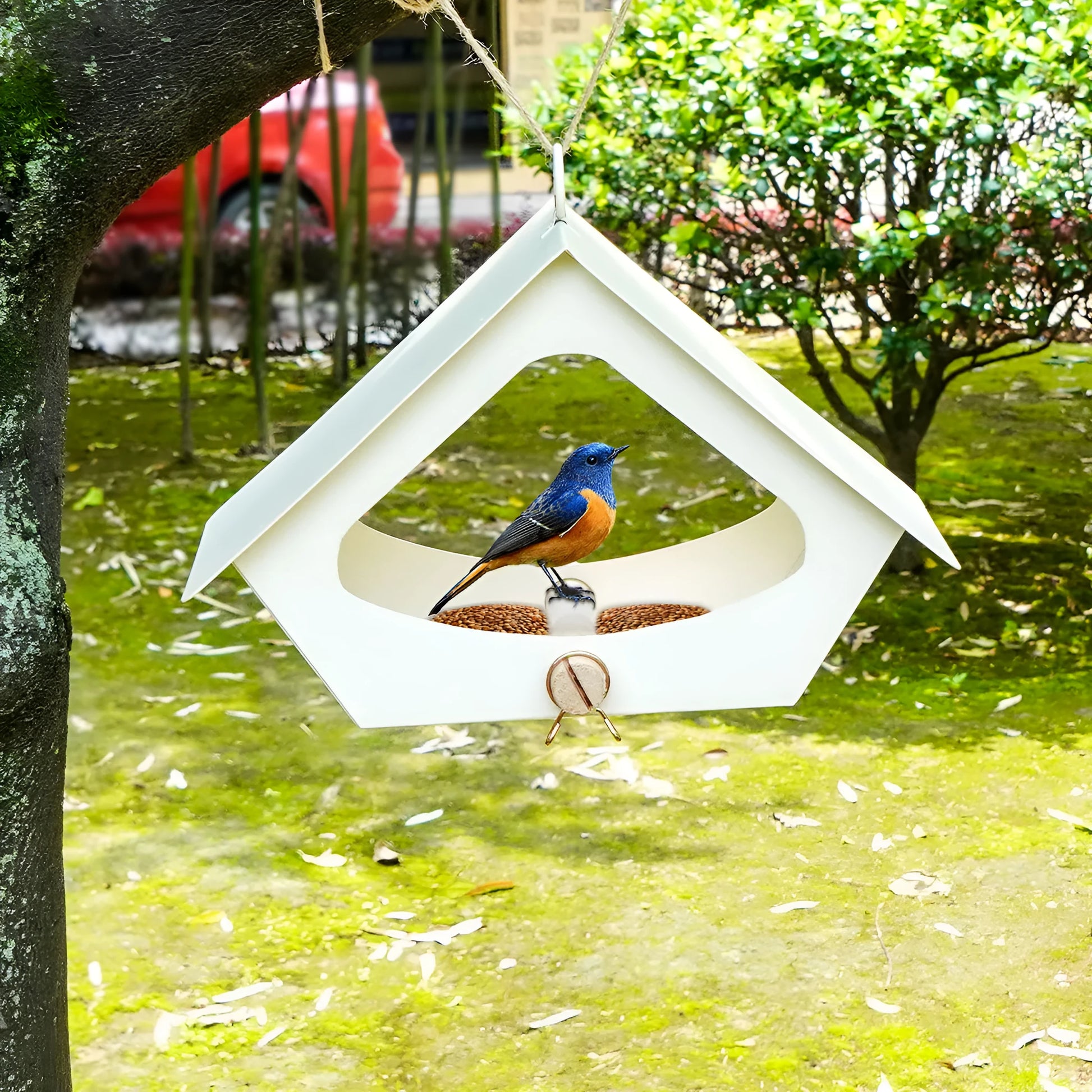 European-style iron bird nest feeder in garden setting, available in black or brown colours
