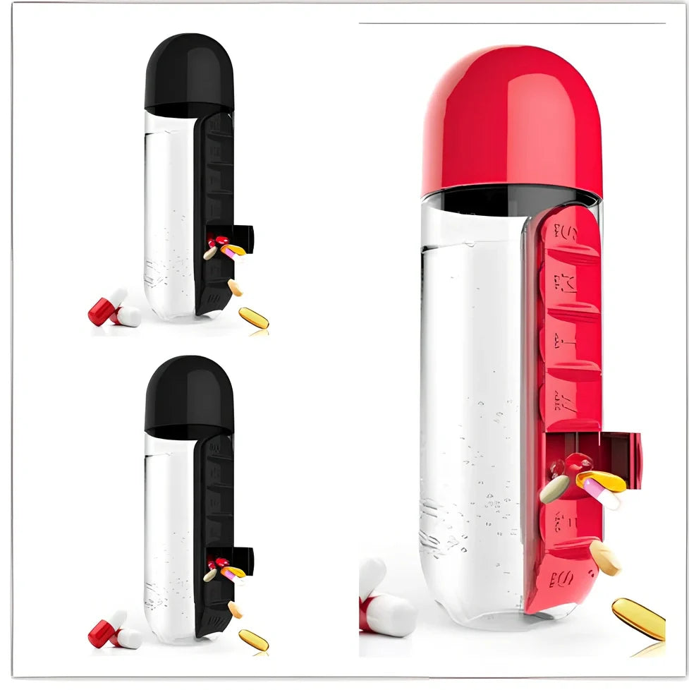 Two-in-one water cup with attached 7-day pill organiser showing daily compartments and screw-top lid