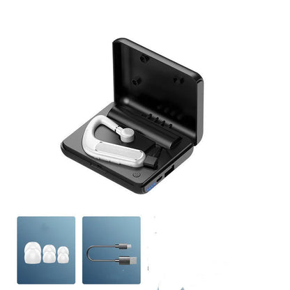 Black Bluetooth earphones with hanging ear design, showing ear caps and charging port