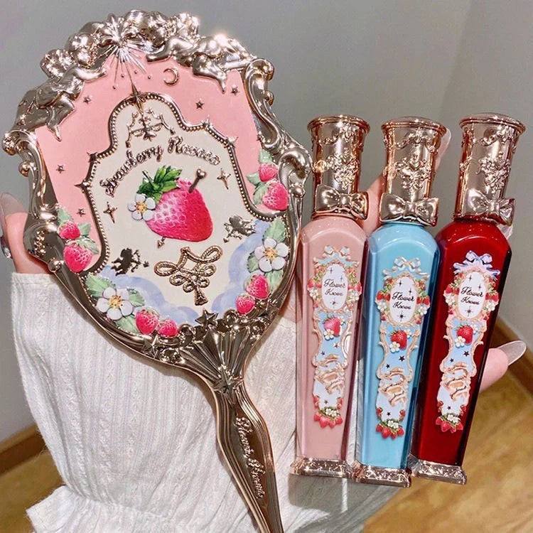 Flower Knows Strawberry Rococo Series Embossed Blush Velvet Matte Lip Glaze in retro perfume bottle design