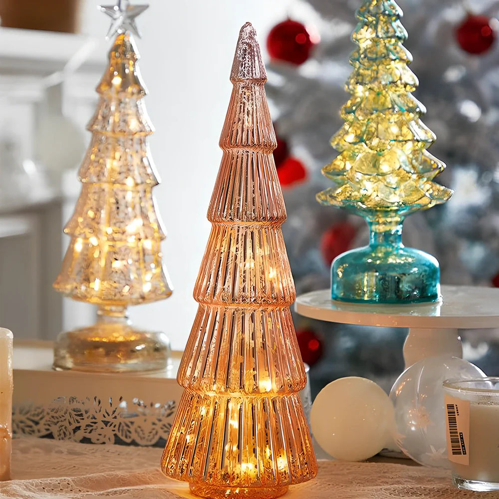 15cm geometric Christmas tree table decoration with glitter finish on borosilicate glass