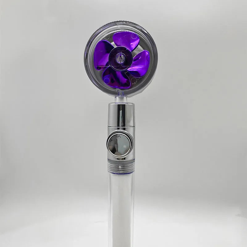 Chrome-finished ABS plastic water-saving shower head with a round, rotating spray head.