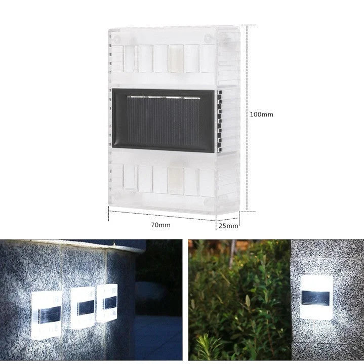 Solar garden wall light with LED illumination measuring 30×75×100mm in black plastic finish