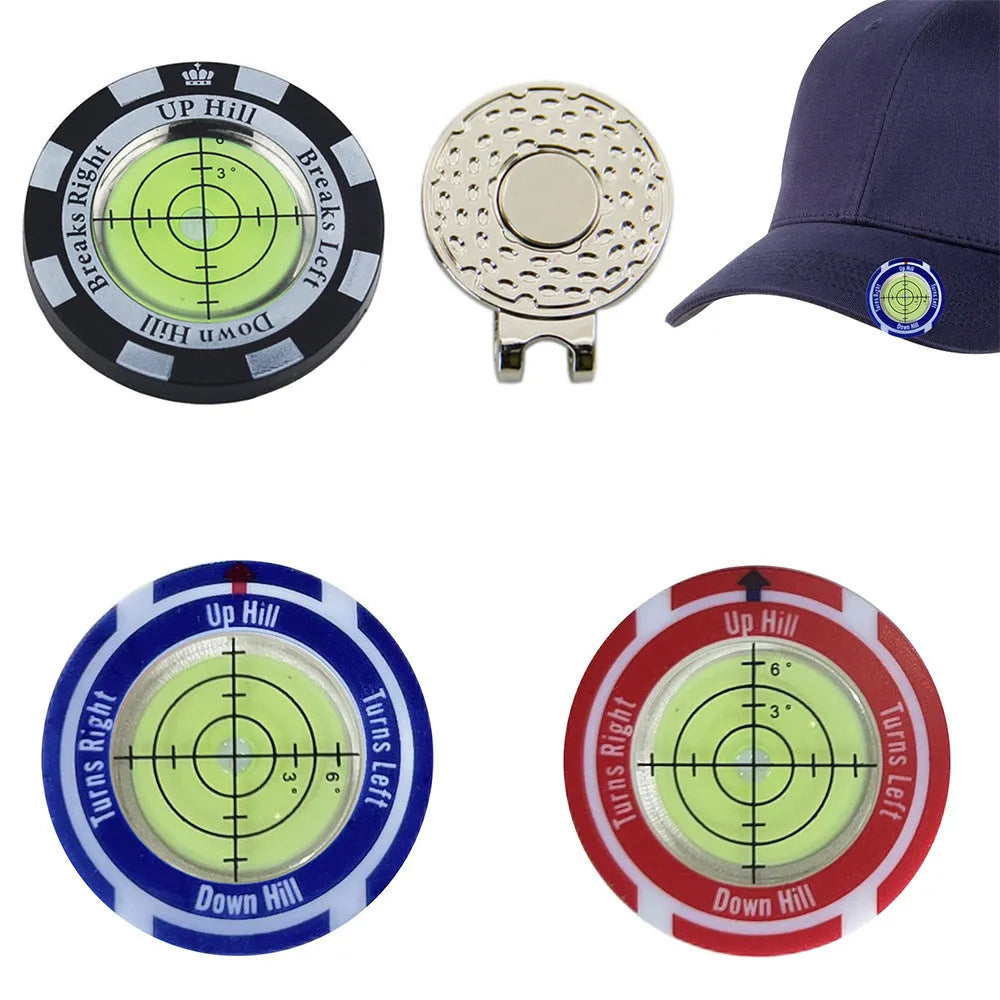 Golf level hat clip measurement device with green level markings and position marks for putting alignment