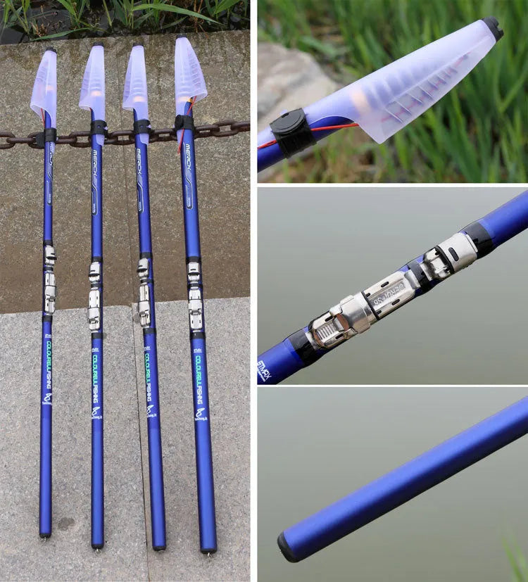 Blue carbon telescopic rock fishing rod for sea fishing, available in 3.6m, 4.5m, 5.4m, and 6.3m lengths