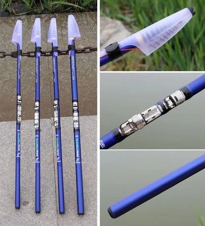 Blue carbon telescopic rock fishing rod for sea fishing, available in 3.6m, 4.5m, 5.4m, and 6.3m lengths