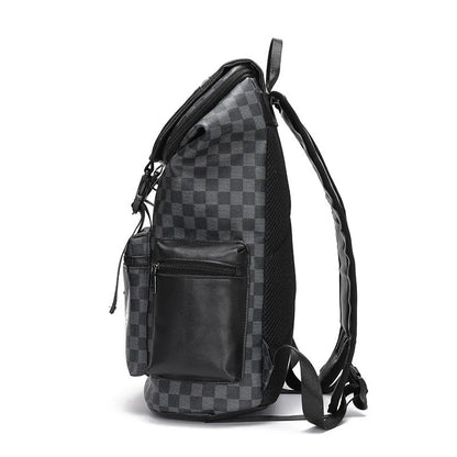 Korean casual checkered printed large capacity backpack in black colour