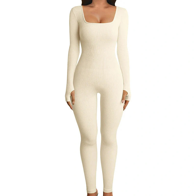 Sculpting shapewear jumpsuit in black, white, and coffee colors with slimming design and tummy control features
