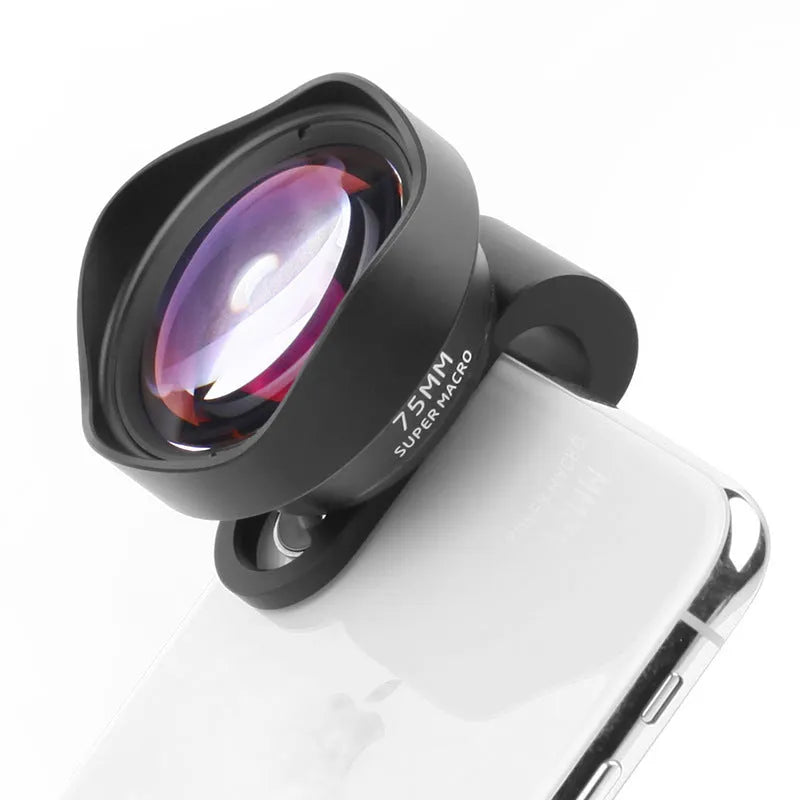 Universal mobile phone macro lens with protective cover and storage bag for portable photography.