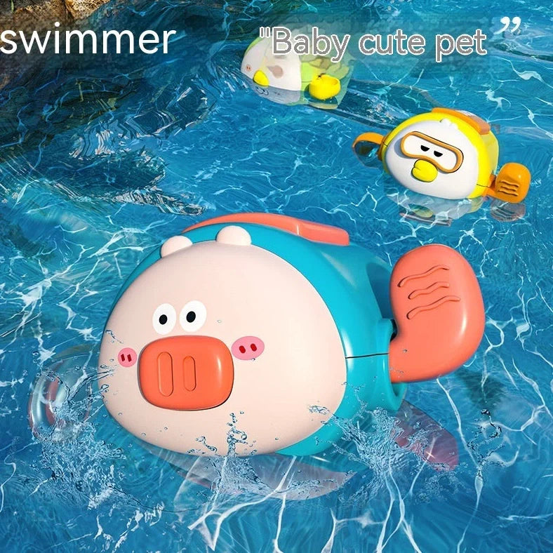 Children's wind-up bath toy measuring 8.2x9.4x5cm with chain attachments in blue pig design