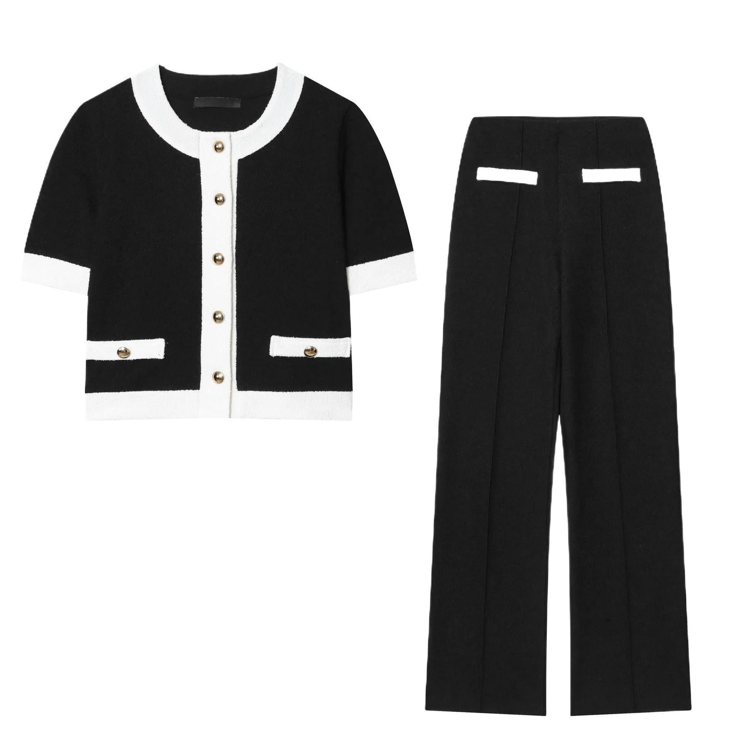 Contrast colour beaded leather round neck top with matching high-waisted trousers street fashion suit