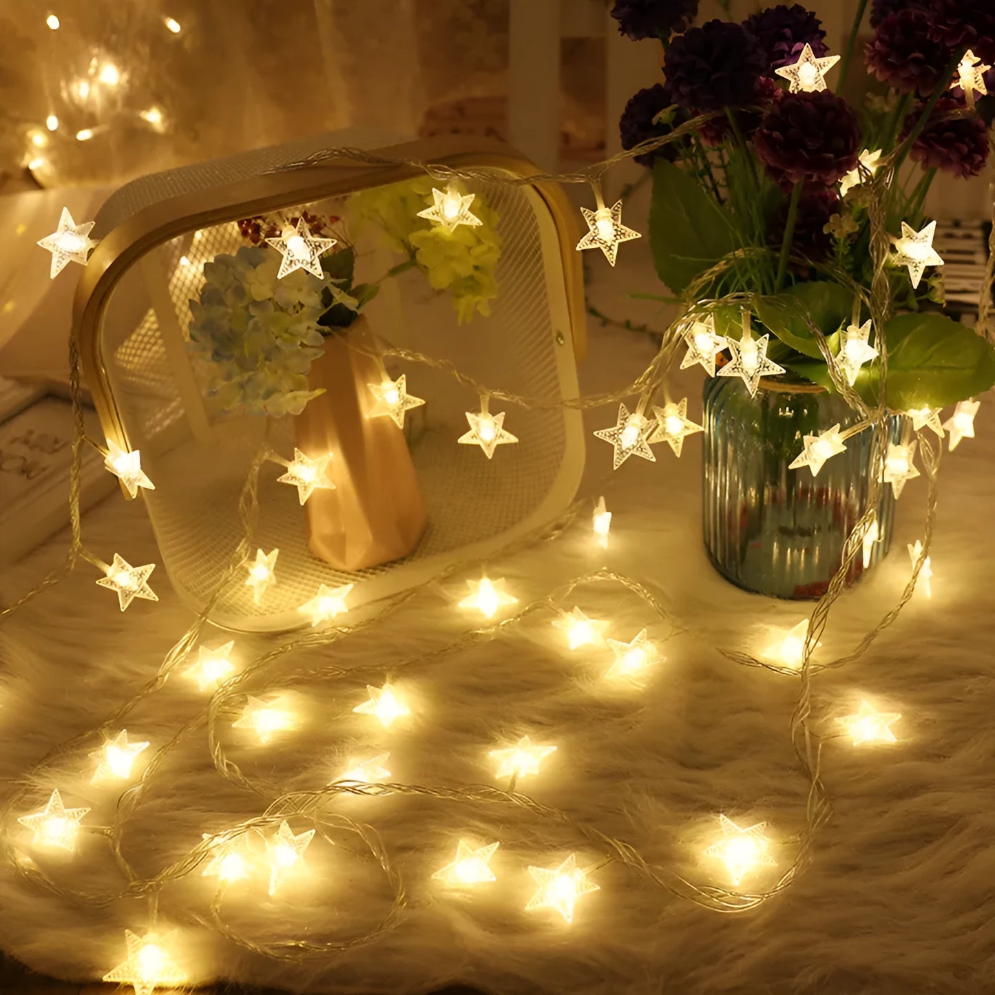3-metre LED star light string with 20 warm white bulbs in glass shells for indoor and outdoor decoration