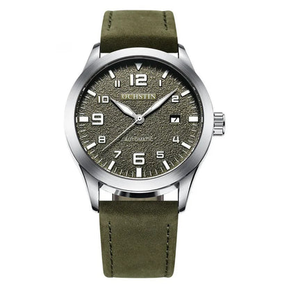 Casual business retro leather automatic mechanical watch with 12mm thickness on wrist, showing colour options