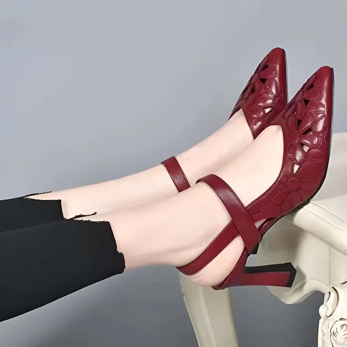 Women's pointed toe backless sandals in red with a hollowed toe box and high heel