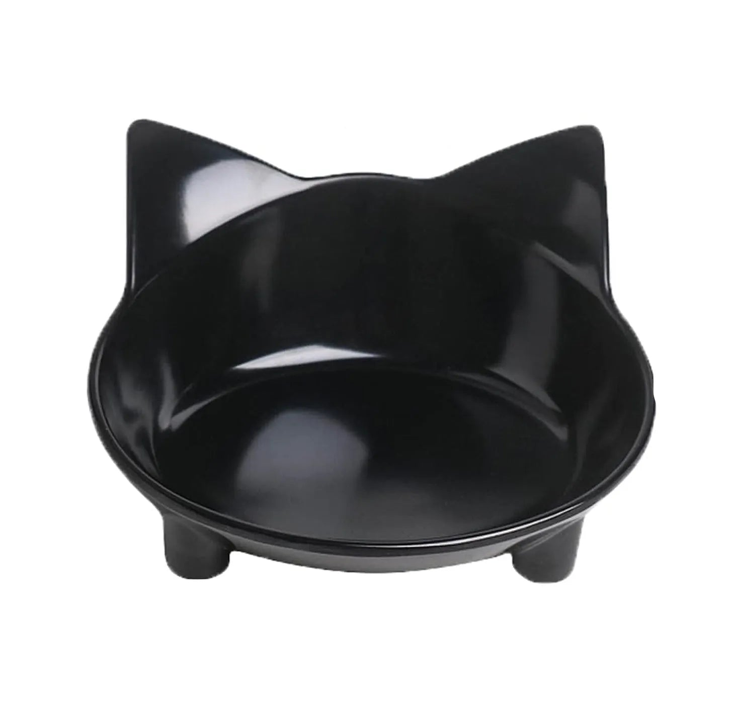 Black shallow melamine pet bowl with non-slip rubber base on a kitchen floor