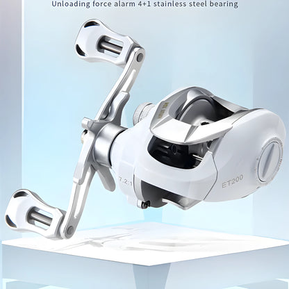 Small white bait casting fishing reel with drip wheel mechanism