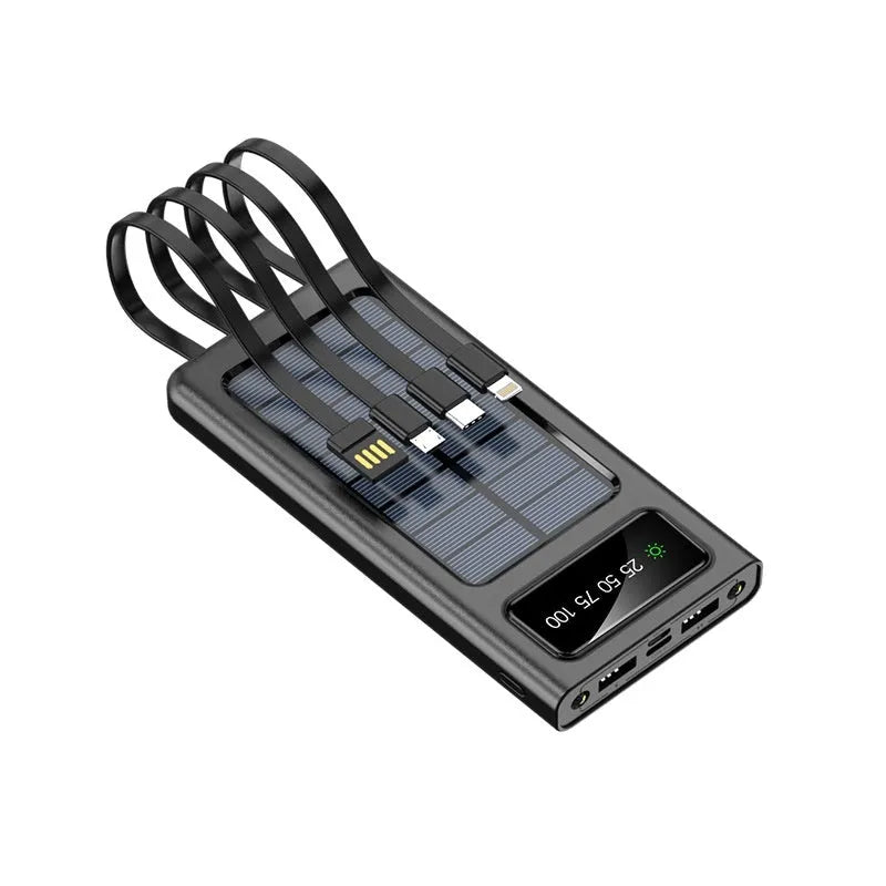 Portable solar power bank with 20000mAh capacity in black or white plastic casing