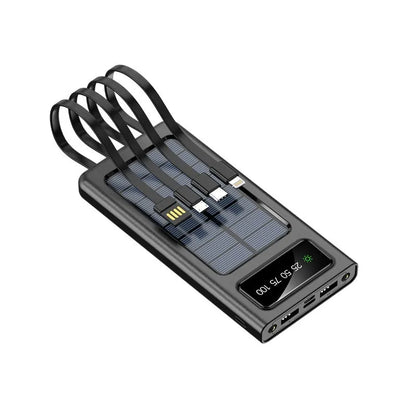Portable solar power bank with 20000mAh capacity in black or white plastic casing