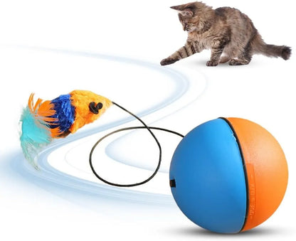 Automatic self-rolling cat ball toy in blue-orange and grey colours on indoor floor