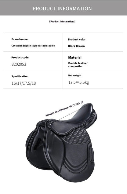 Cowhide equestrian saddle in black or brown, specification 17, for horse harness and riding use