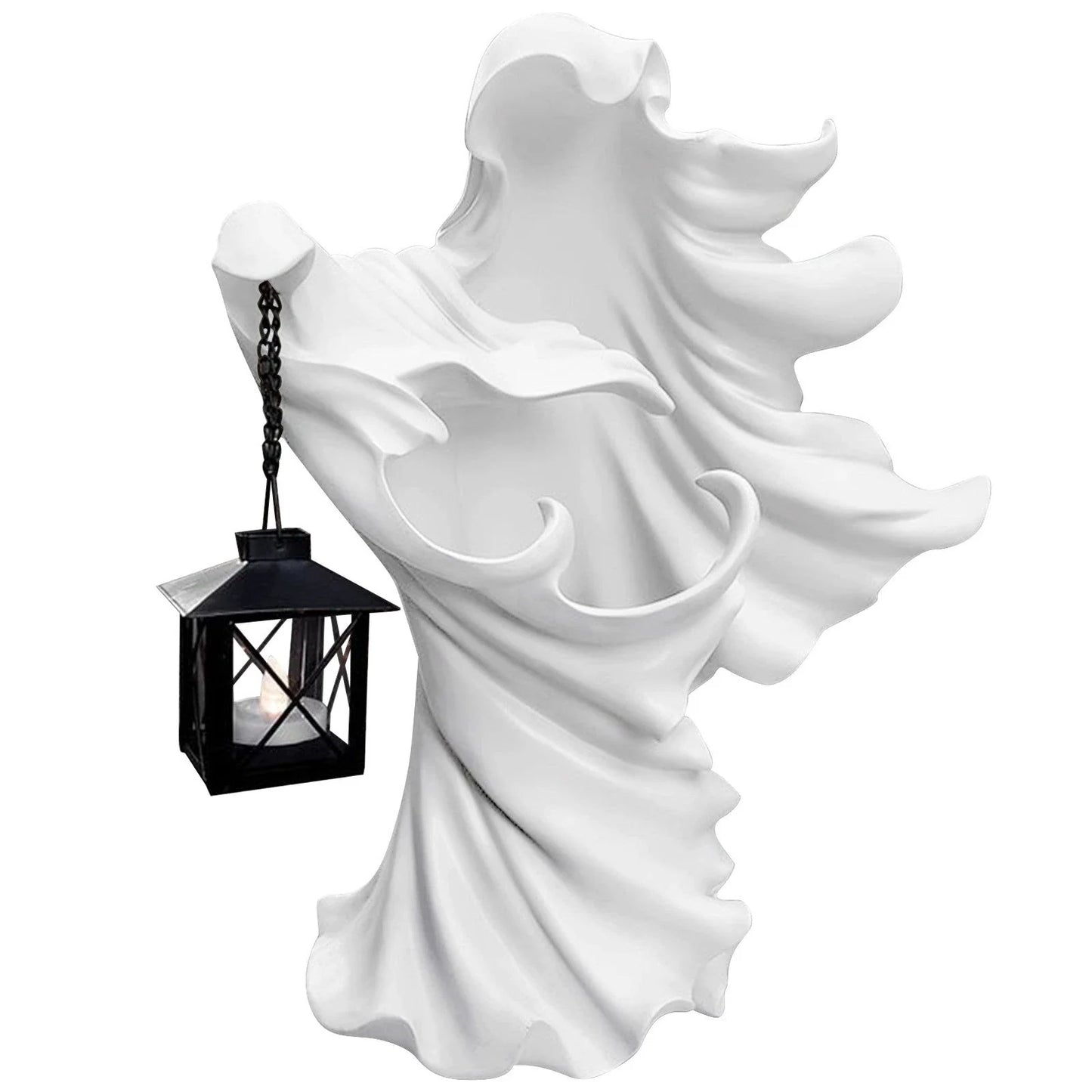 Faceless ghost sculpture in resin, a unique Halloween decoration with a spooky, supernatural design