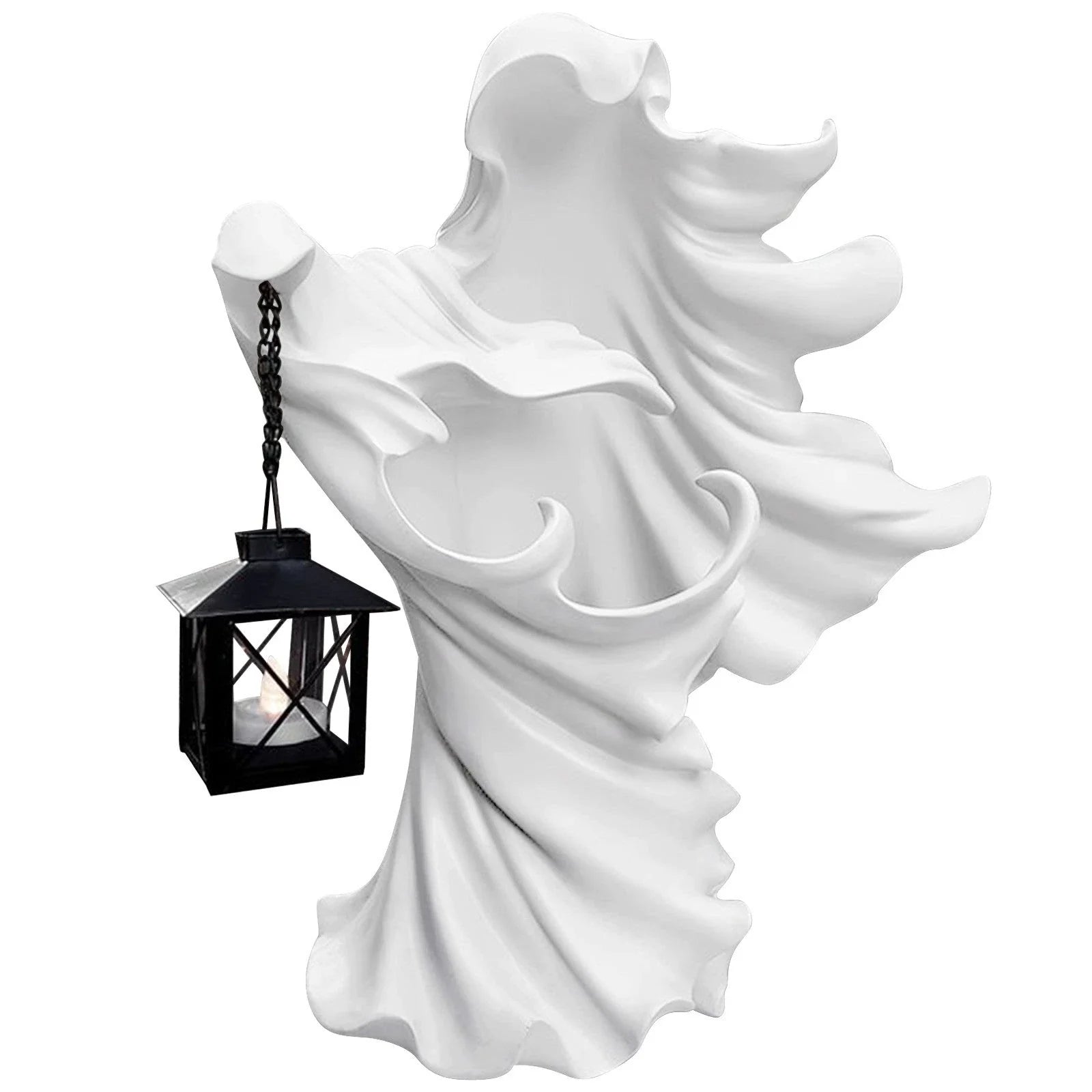 Faceless ghost sculpture in resin, a unique Halloween decoration with a spooky, supernatural design