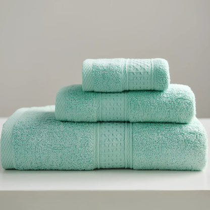 Three cotton towels: 33cm square, 32cm×73cm standard, 70cm×140cm bath towel in coordinated colours