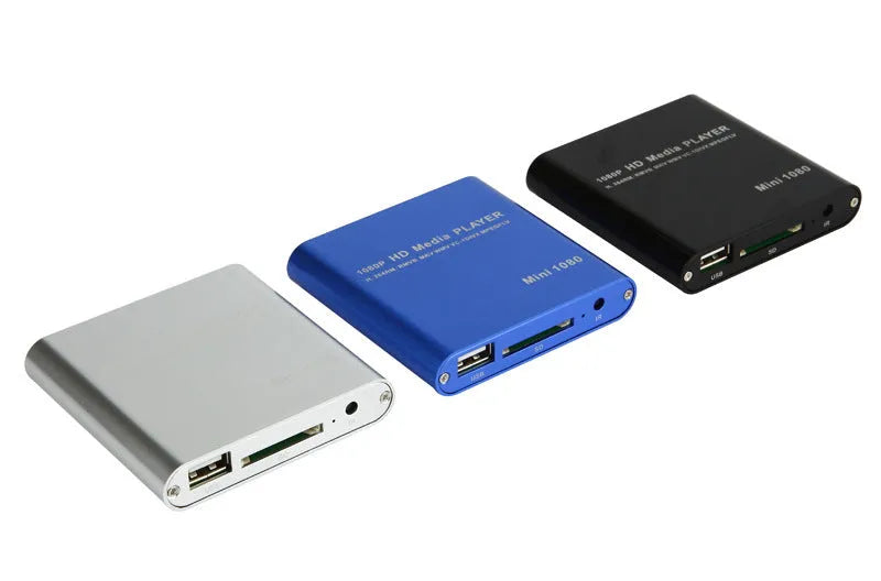 Black or blue 1080P Full HD media player with HDMI port, SD card slot, and USB inputs.
