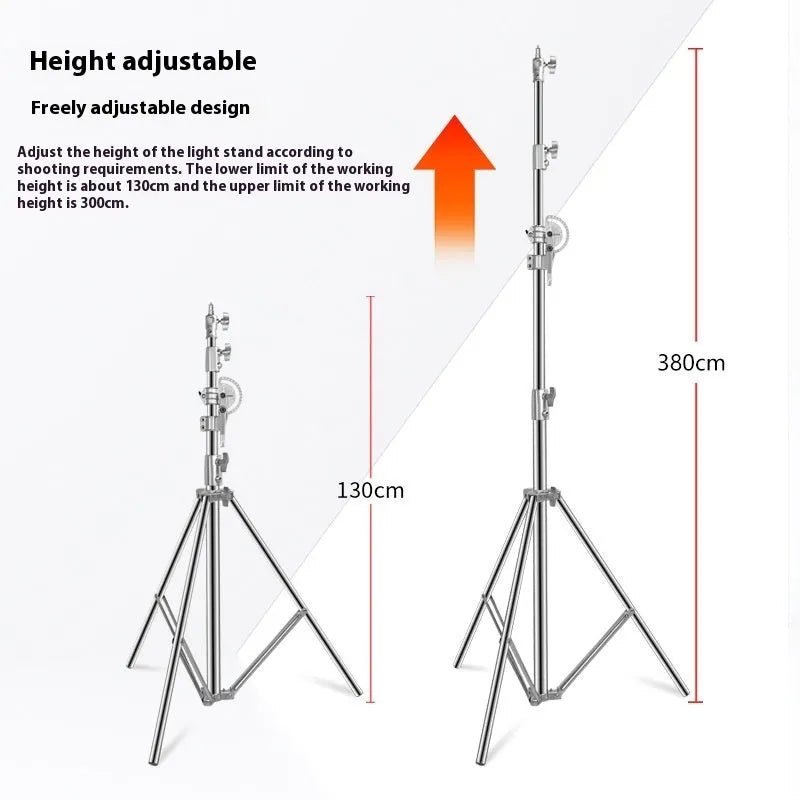 Silver stainless steel ceiling lamp rack with adjustable cross arms extended to full 3.8 metre height