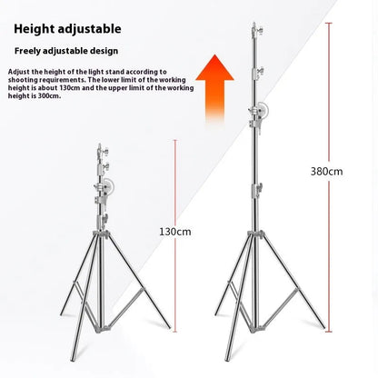 Silver stainless steel ceiling lamp rack with adjustable cross arms extended to full 3.8 metre height