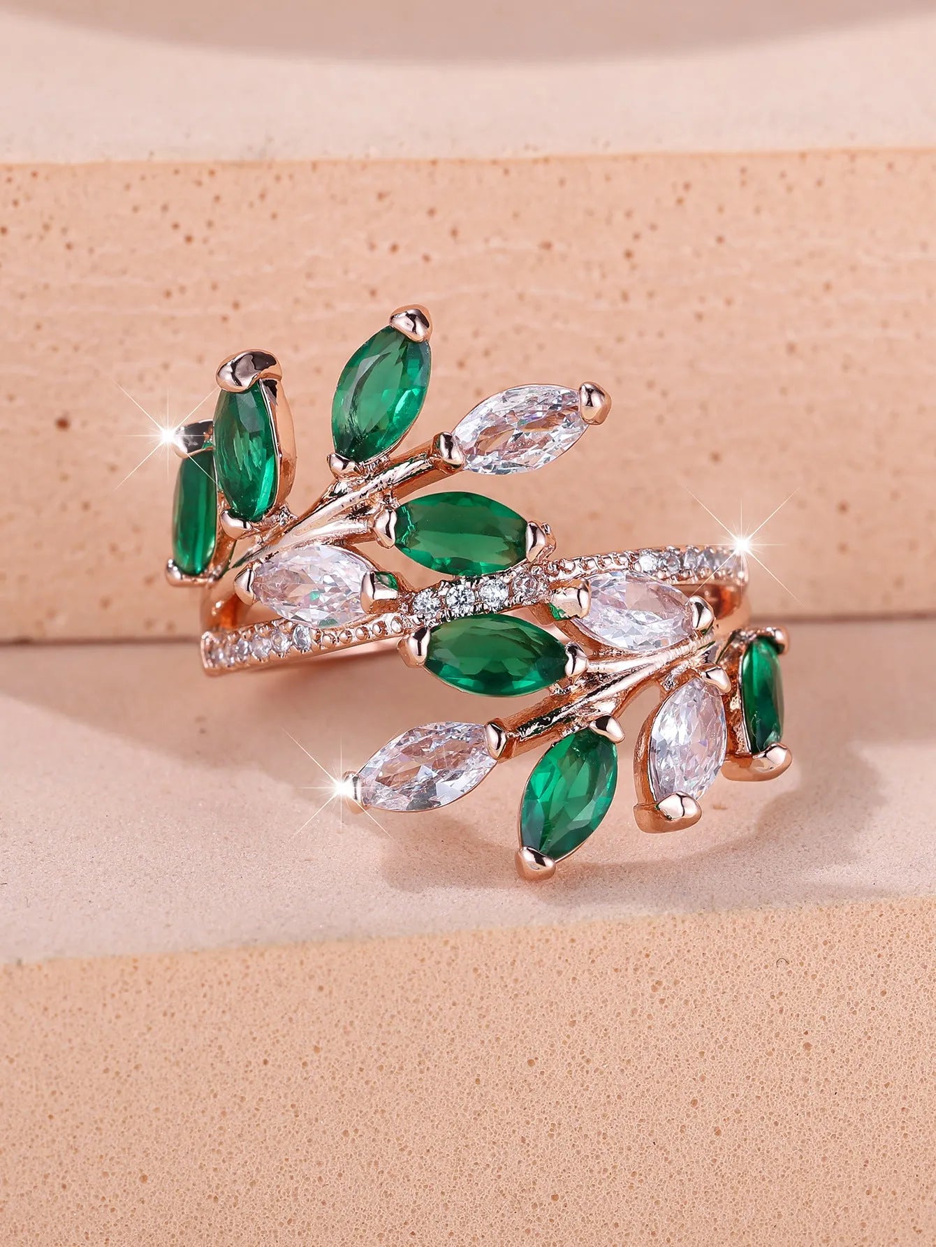 Horse Eye Zircon Leaf Ring with adjustable opening in rose gold purple white diamond colour on a hand