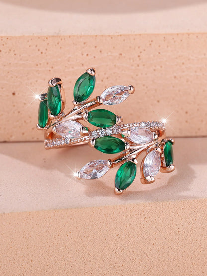 Horse Eye Zircon Leaf Ring with adjustable opening in rose gold purple white diamond colour on a hand