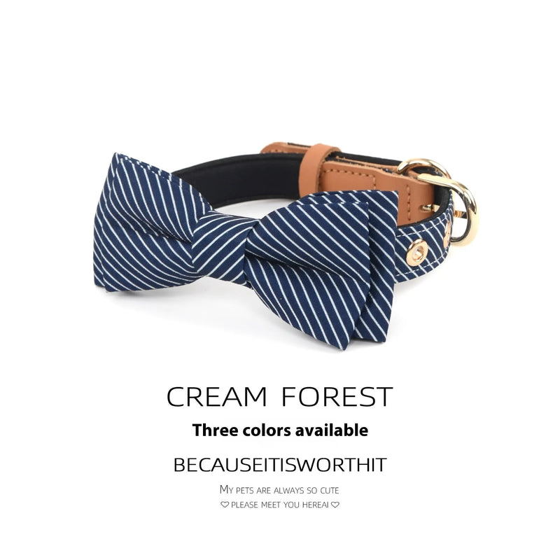 Cotton dog collar with detachable bow in Dark Blue, Wine Red, or White available in S, M, L sizes with 2cm wide rope and optional multi-leather lettering for personalised pet accessories