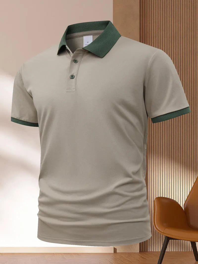 Summer polo shirt in ice silk fabric with printed flocking design on front, short sleeves