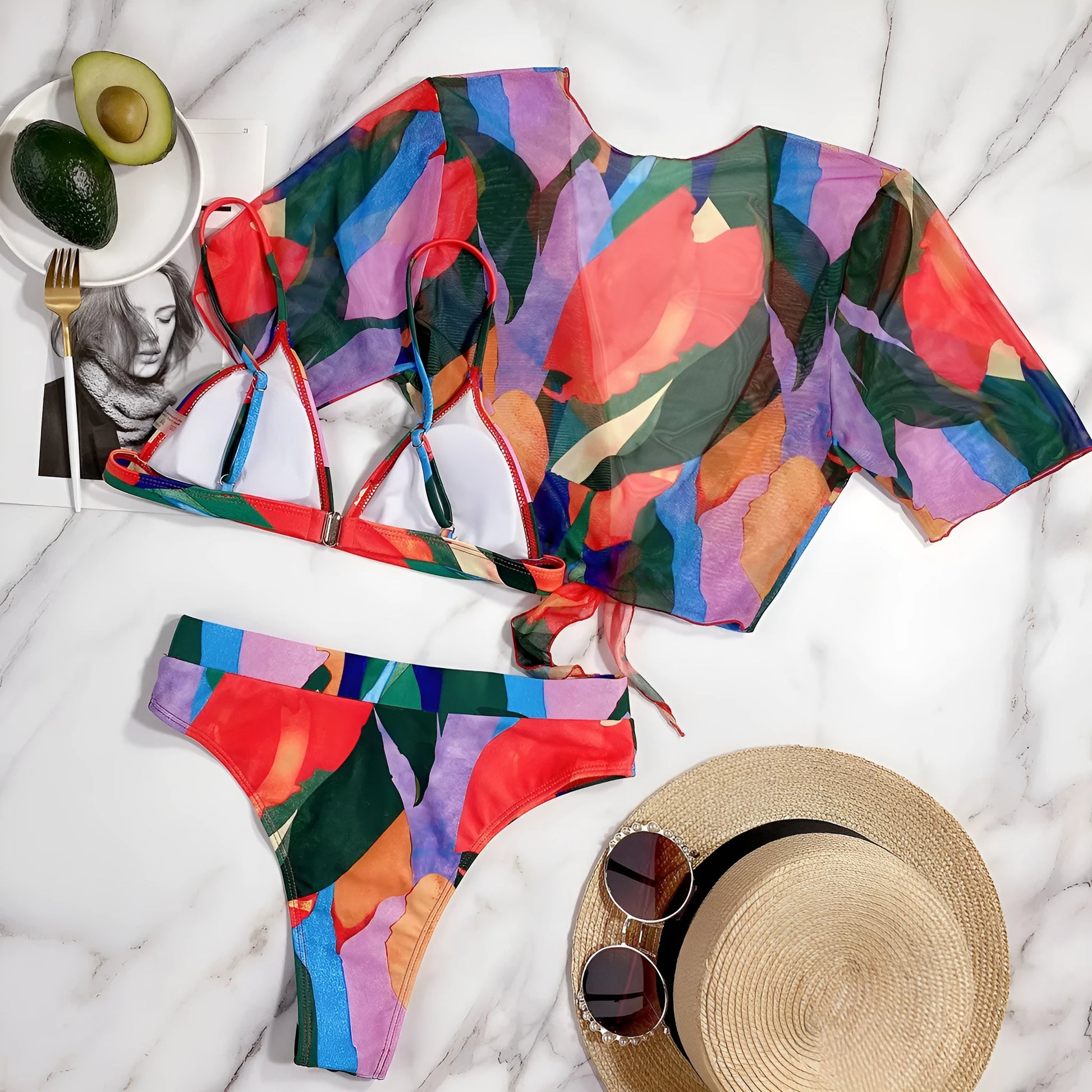 Red printed women's split swimsuit with nylon fabric for swimming and water sports