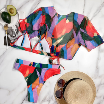 Red printed women's split swimsuit with nylon fabric for swimming and water sports