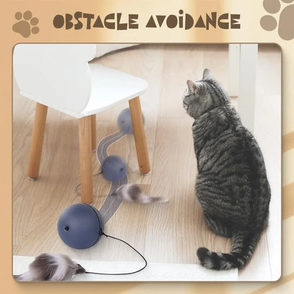 Automatic self-rolling cat ball toy in blue-orange and grey colours on indoor floor