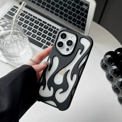 Electroplated hollow flame pattern phone case in silver plated finish on Apple iPhone, showing heat dissipation design and TPU soft shell