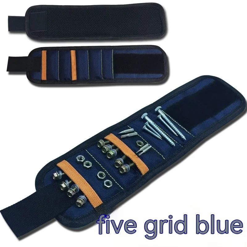 Black magnetic wristband with 15 grid pockets and Velcro strap, holding screws and a screwdriver.