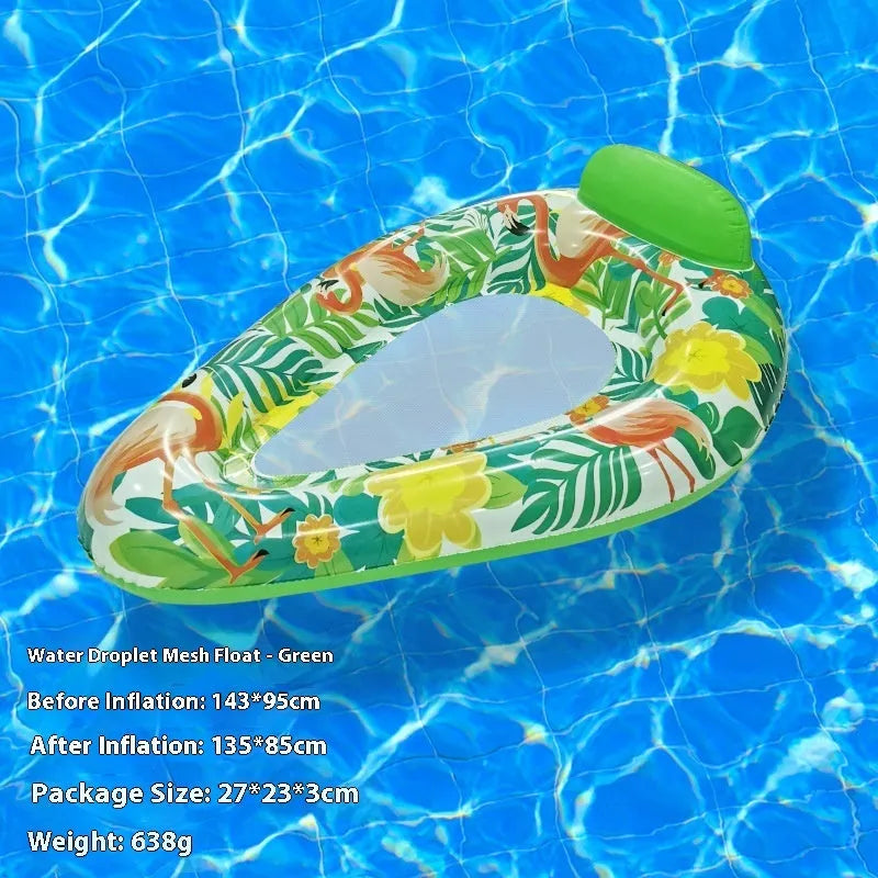 PVC inflatable pool floating row with sequins and mesh deck on blue water